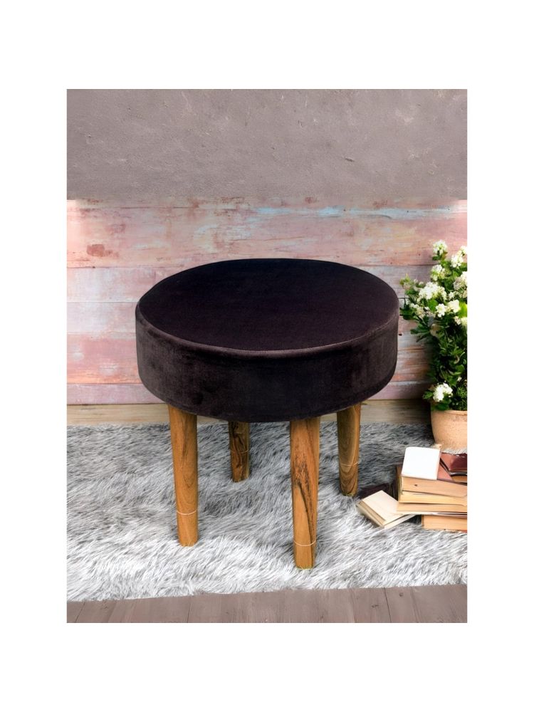 Ikiriya Nayla Sheesham Wood Contemporary Stool Taupe Brown Velvet Teak Finish (1 Year Warranty)-picture-12