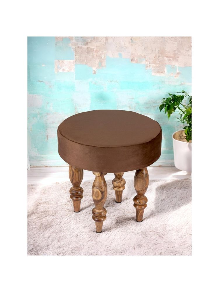 Ikiriya Roswell Sheesham Wood Contemporary Stool Taupe Brown Velvet Teak Finish (1 Year Warranty)-image-7