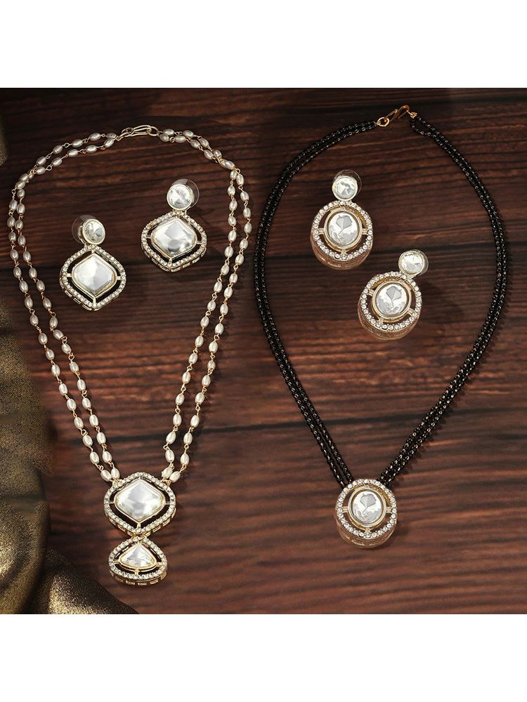 Zaveri Pearls Gold Tone Diamonds Necklace Mangalsutra Earrings Set-picture-26