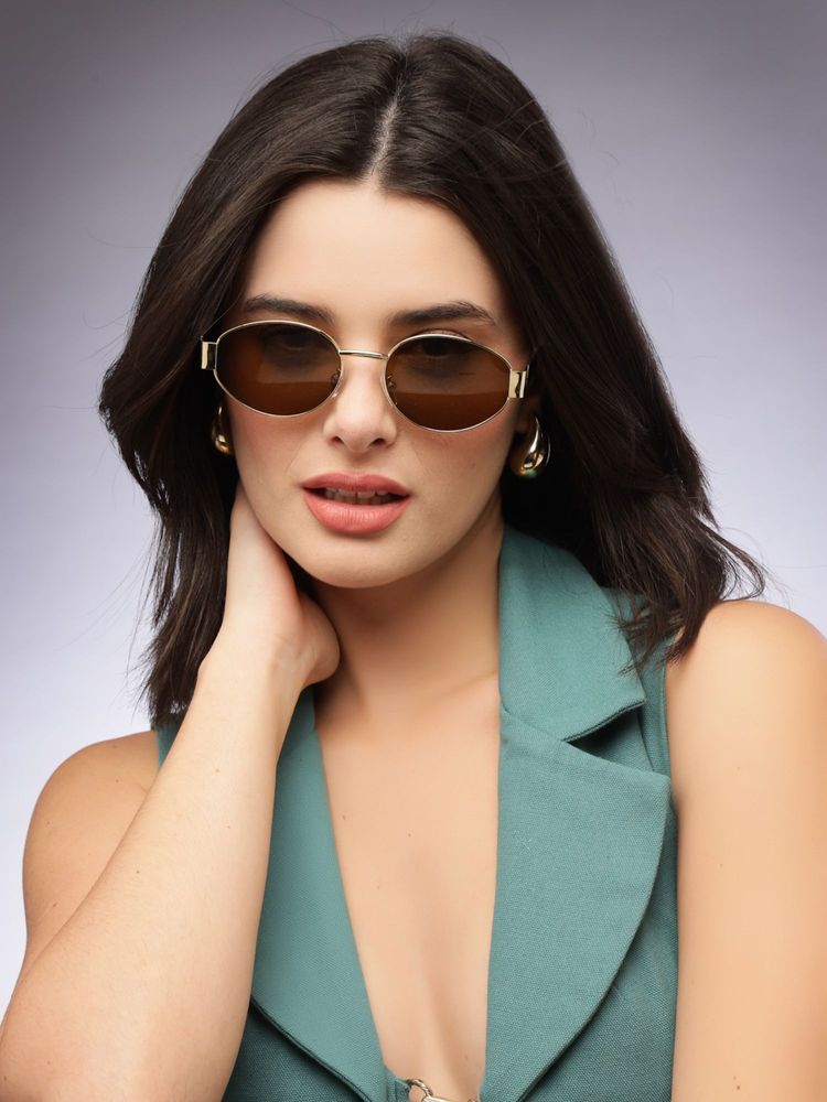 HASHTAG EYEWEAR Brown UV Protection Oval Full Rim Casual Women Sunglass - VS 2301-Gold-BRN (40)