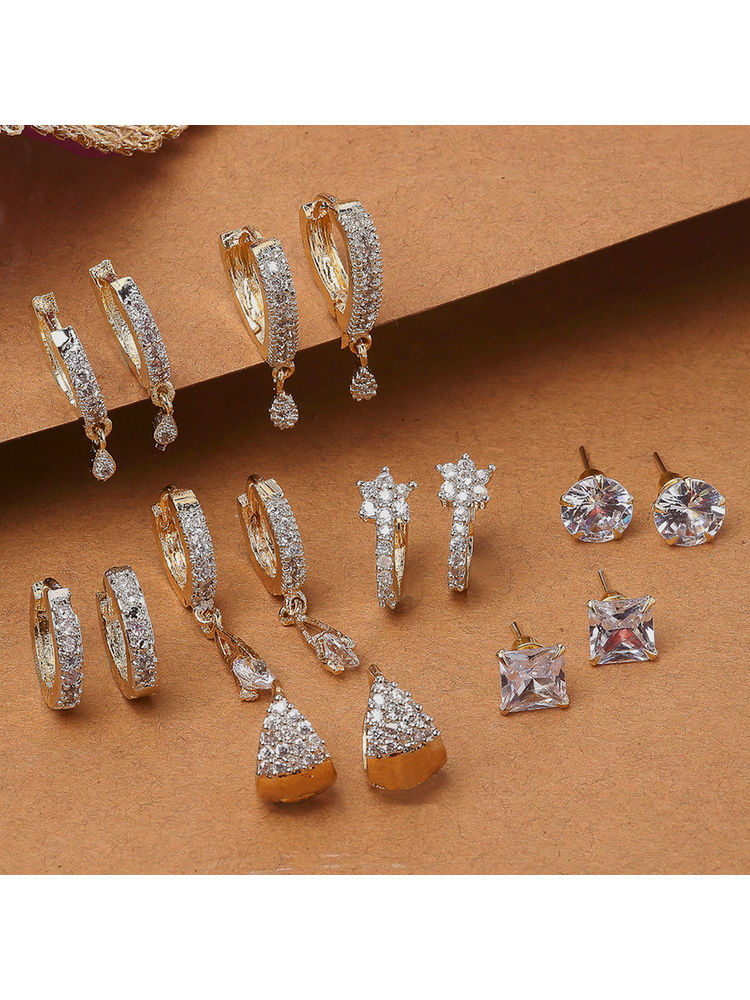 ZENEME White Contemporary Set Of 8 White Stone Studded Geometric Earrings-image-18