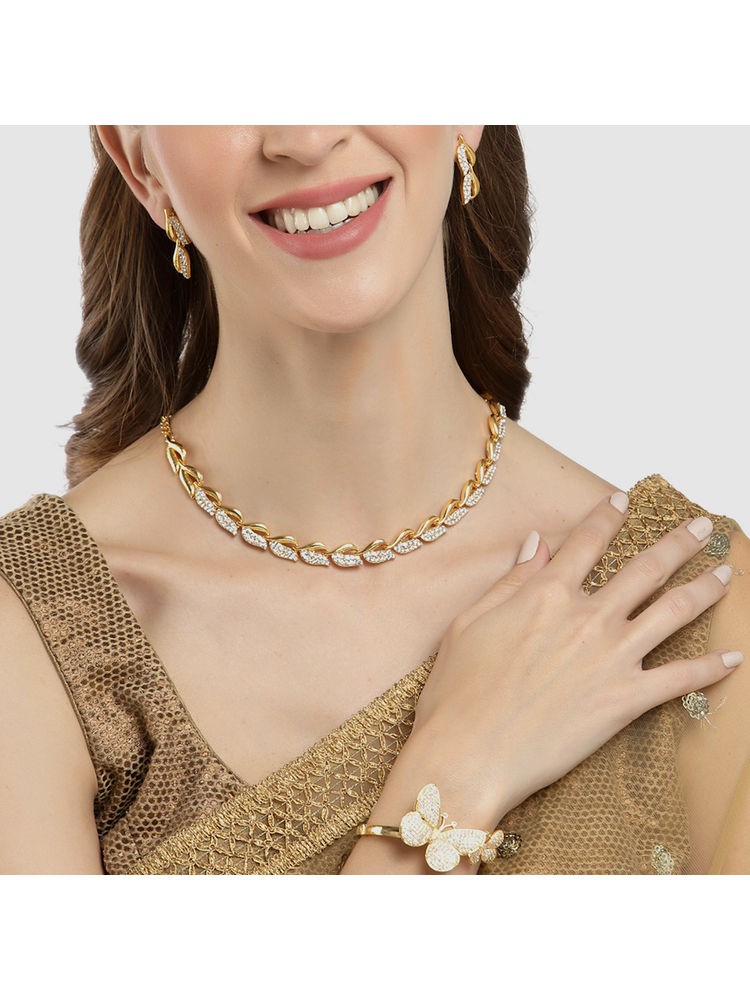 ZENEME Gold-Plated Cz Stone-Studded Necklace Ad Studded Bracelete Jewellery Set-picture-12