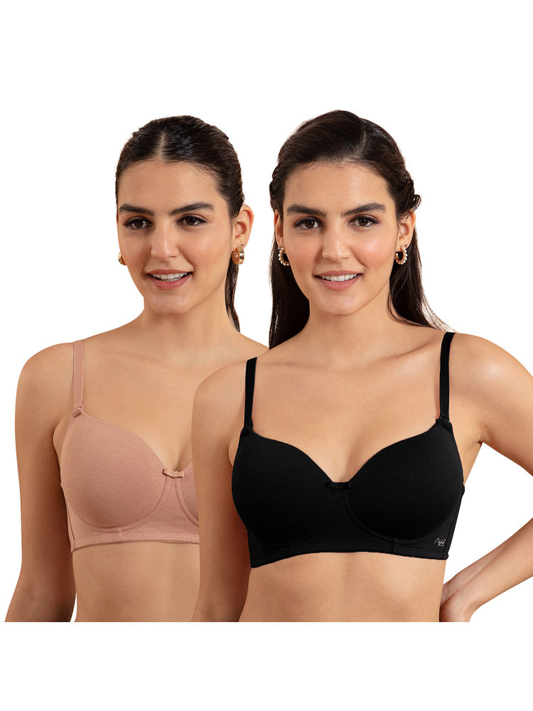 Nykd by Nykaa Breathe Cotton Padded Wireless T-Shirt Bra Black & Dark Skin NYB198 (Pack Of 2)-picture-19