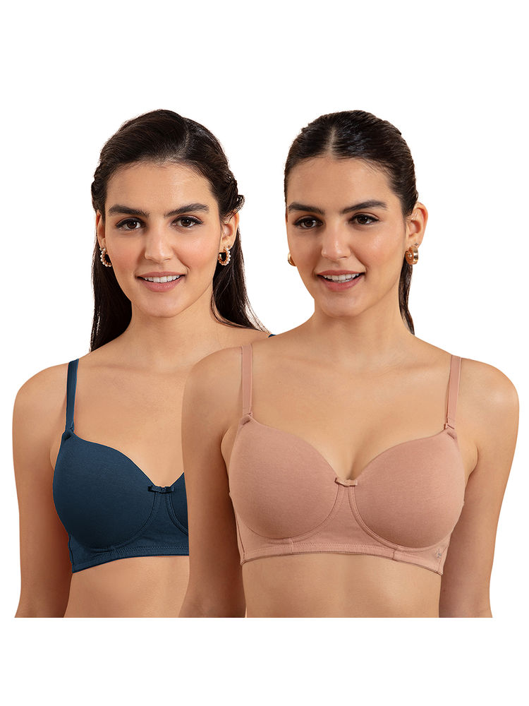 Nykd by Nykaa Breathe Cotton Padded Wireless T-Shirt Bra Blue & Dark Skin NYB198 (Pack Of 2)-picture-13