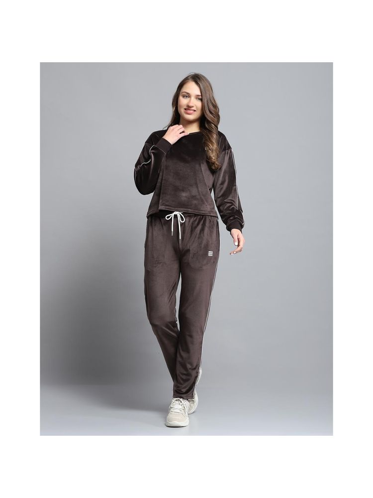 Rock.it Women Solid Dark Brown Round Neck Full Sleeve Top With Track Pant-picture-41
