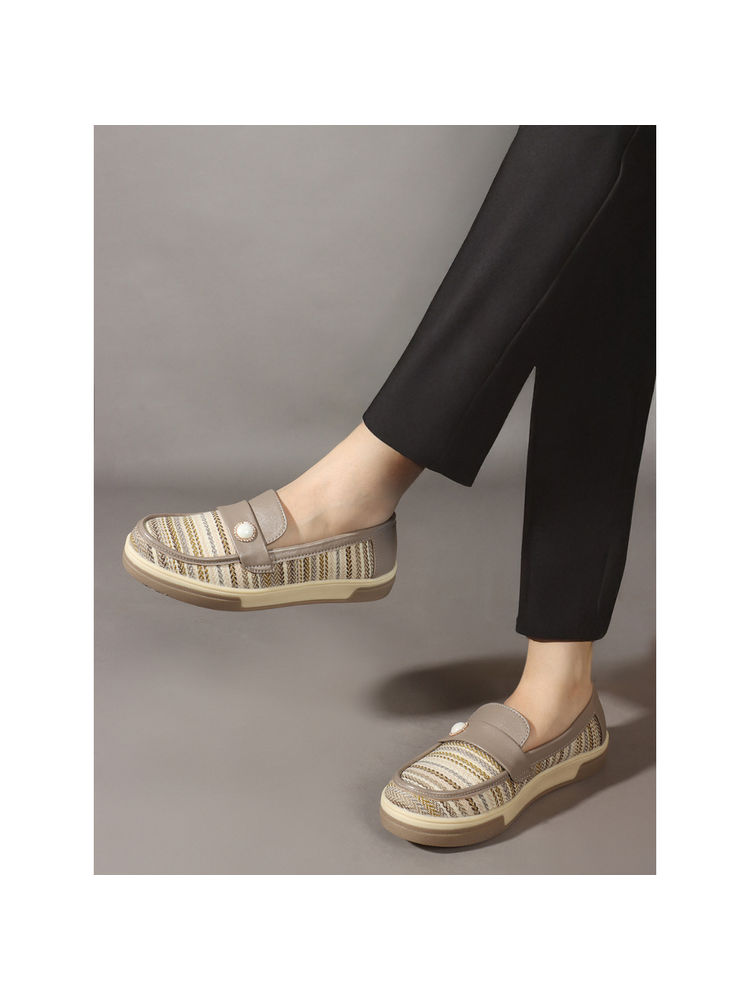 Carlton London Textured Stripe Pearl Detail Loafers Beige