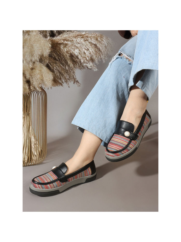 Carlton London Textured Stripe Pearl Detail Loafers Multi-Color