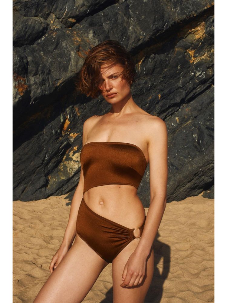 H&M Women Brown Padded-Cup Cut-Out Bandeau Swimsuit-image-20