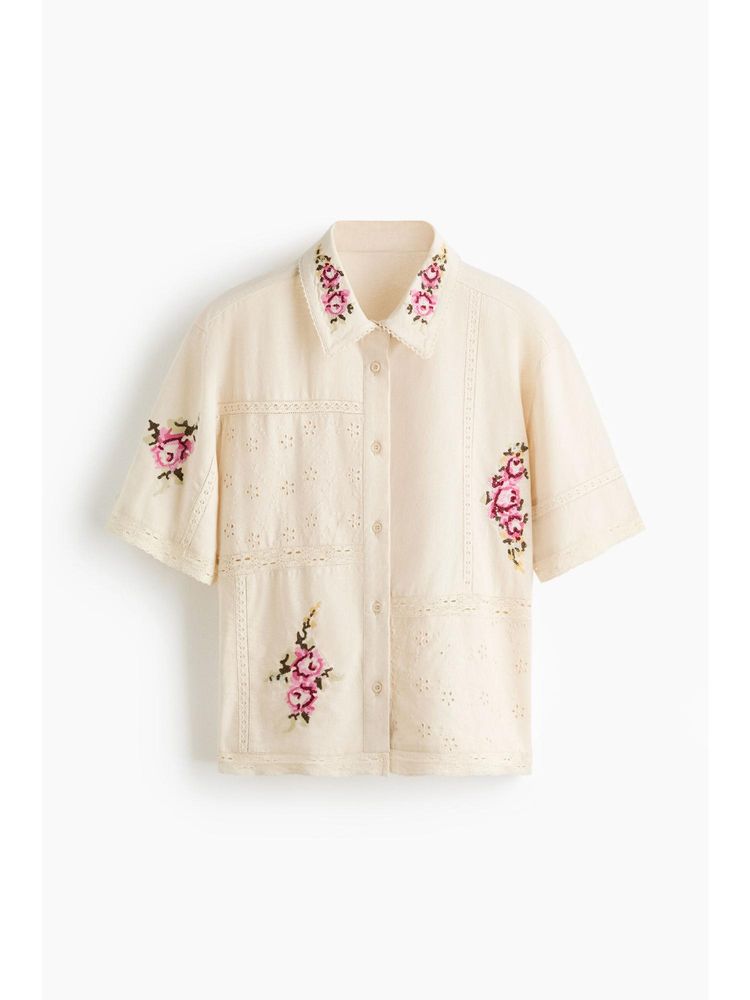 H&M Women White Linen-Blend Pyjama Shirt-picture-41