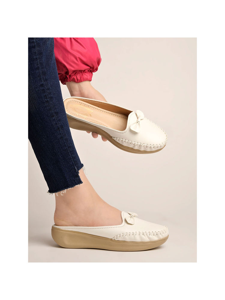 Shoetopia Upper Bow Detailed White Slip-On Loafers for Women-picture-15