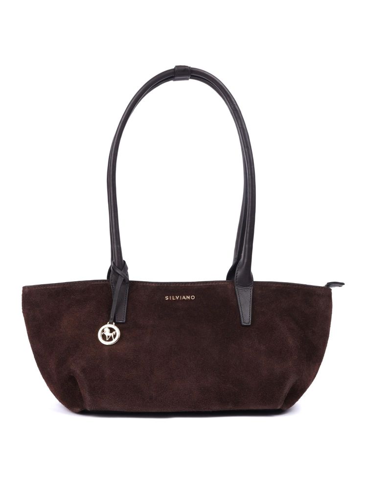 SILVIANO Dark Chocolate Suede Bowling Handbag With Zip Closure-picture-27