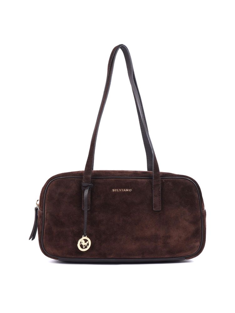 SILVIANO Dark Chocolate Suede East West Shoulder Bag Brown (S)-picture-23
