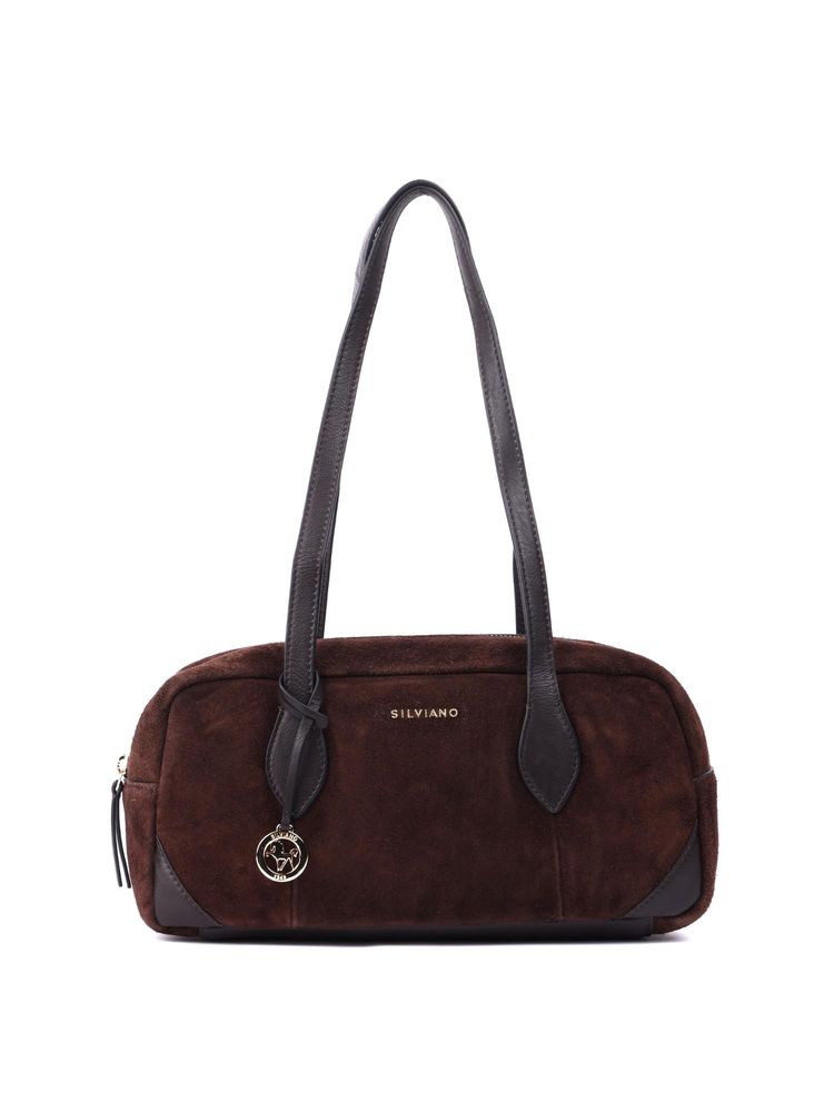 SILVIANO Dark Chocolate Suede East West Shoulder Bag Brown (S)-picture-19