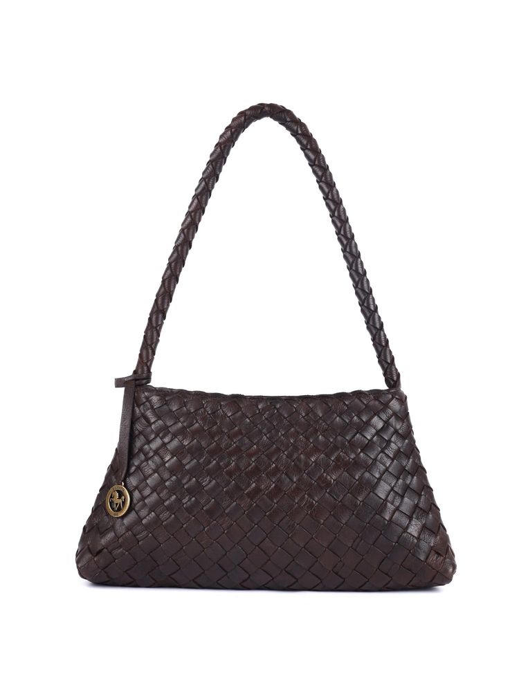 SILVIANO Dark Chocolate Tan Woven Leather Shoulder Bag-image-0