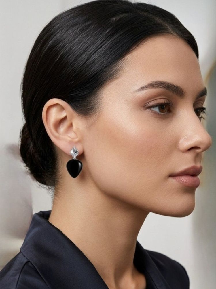 Accessher Black Silver Women White Stones Earrings-image-5