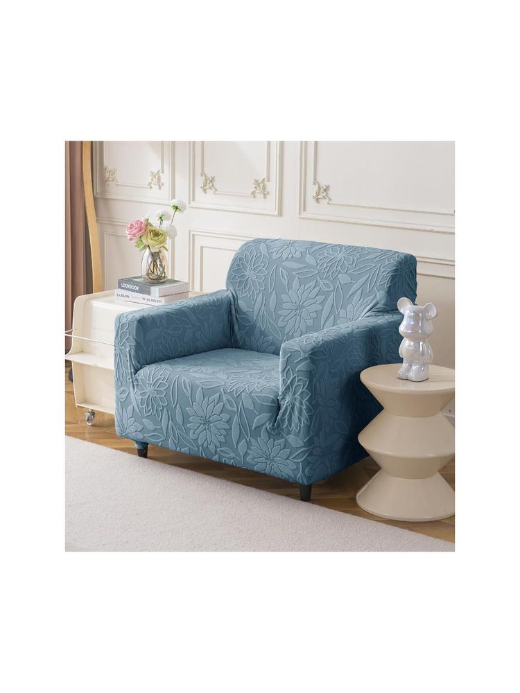 House of Quirk Stretchable Sofa Cover Soft Jacquard Camellia Fabric Slipcover Light Blue-image-4