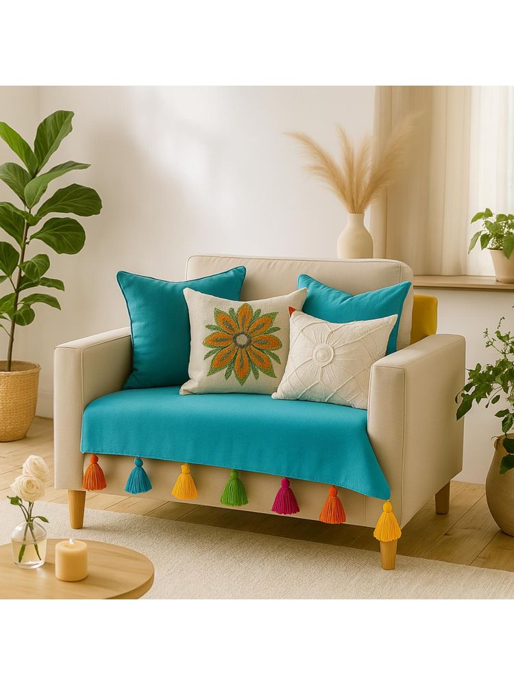 THROW PILLOW Turquoise Blue With Multicolour Tassels Sofa Cover 65X65 cm-image-30