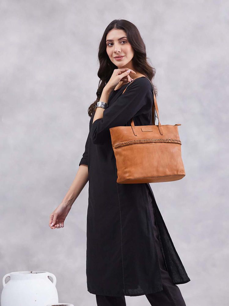 fabindia fashion Fabindia Brown Leather Solid Handbag-picture-11