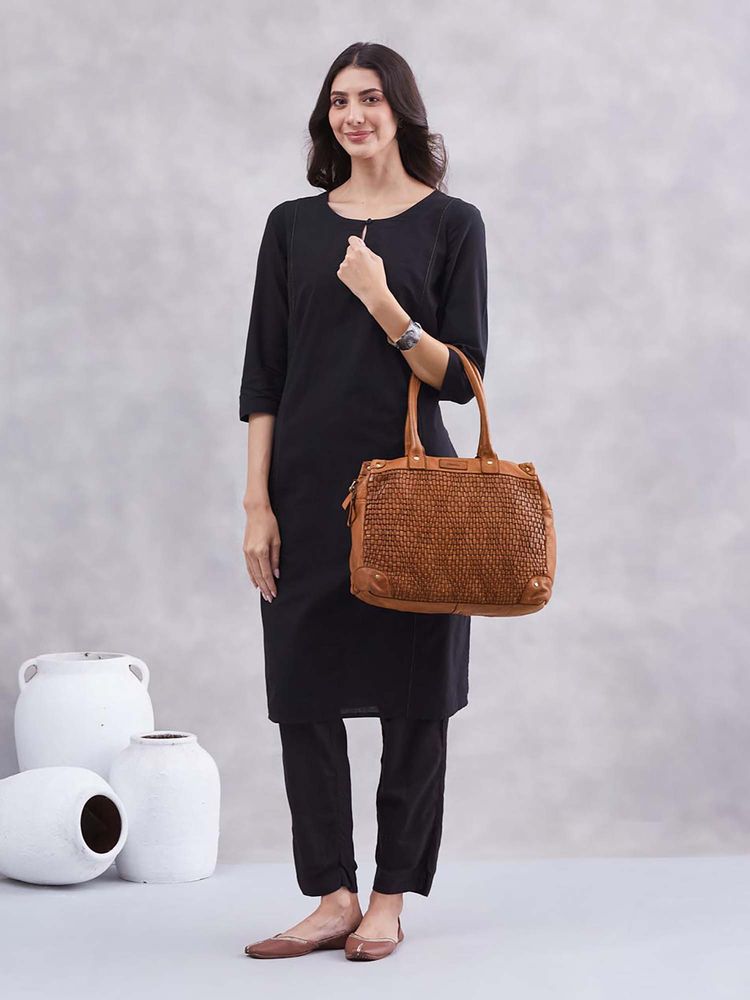 fabindia fashion Fabindia Brown Leather Solid Handbag with Detachable Strap-picture-23