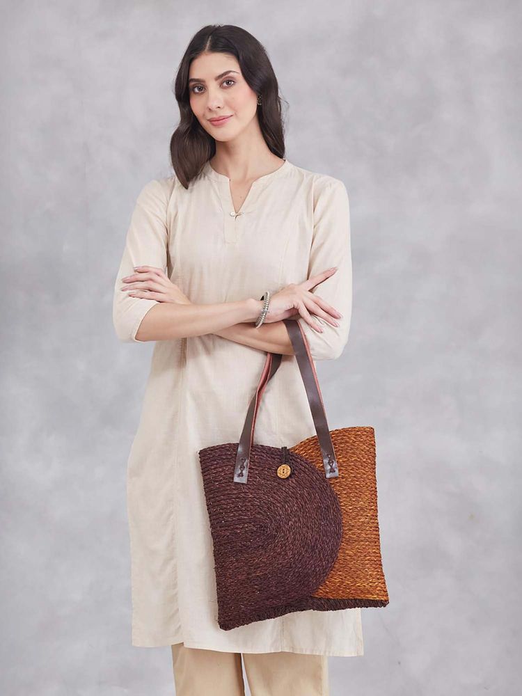 Fabindia Brown Glass Textured Tote Bag-image-14