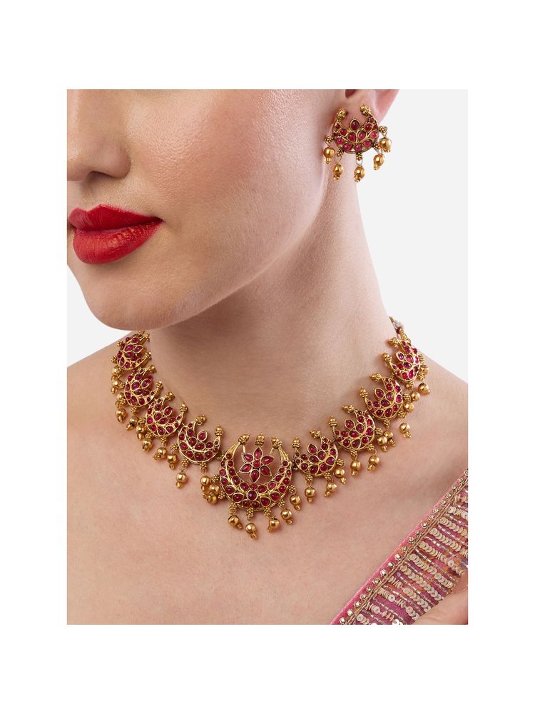 Zaveri Pearls Pink Stones Crescent Ethnic Beads Drop Necklace and Earrings Set-picture-11