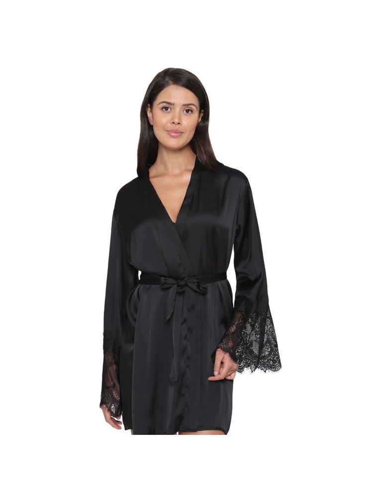 Wacoal Lacy Sleeves Knee Length Shiny Finish Wrap-Over Bridal Satin Robe-Black (Set of 2)-picture-11