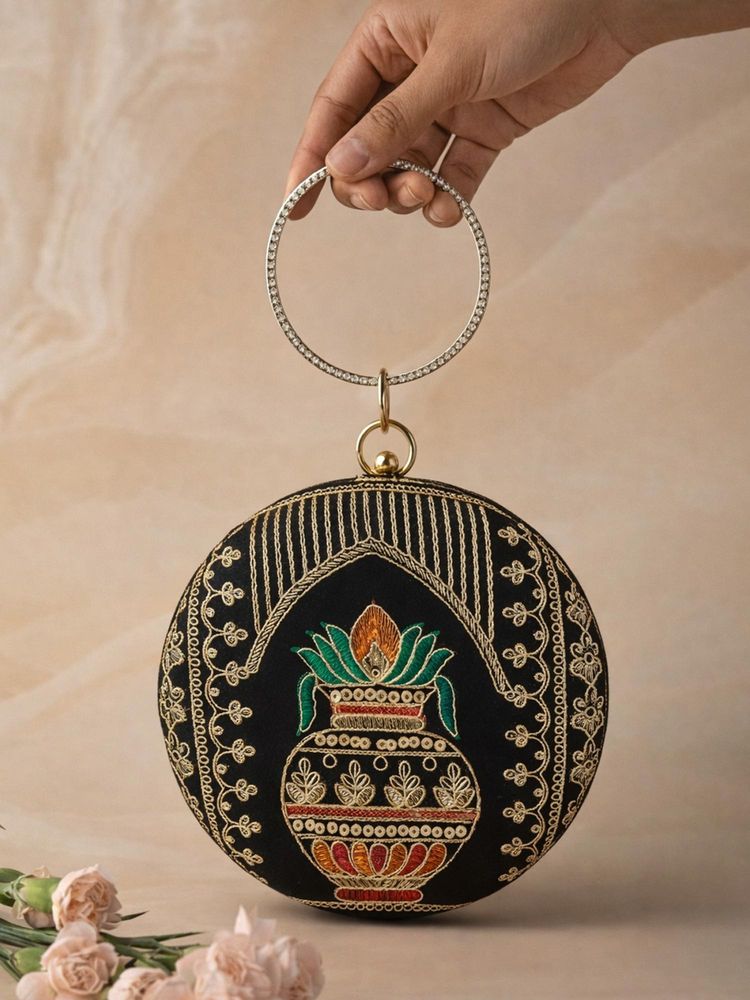 ARTKLIM Royal Black Round Embroidered Clutch-picture-42