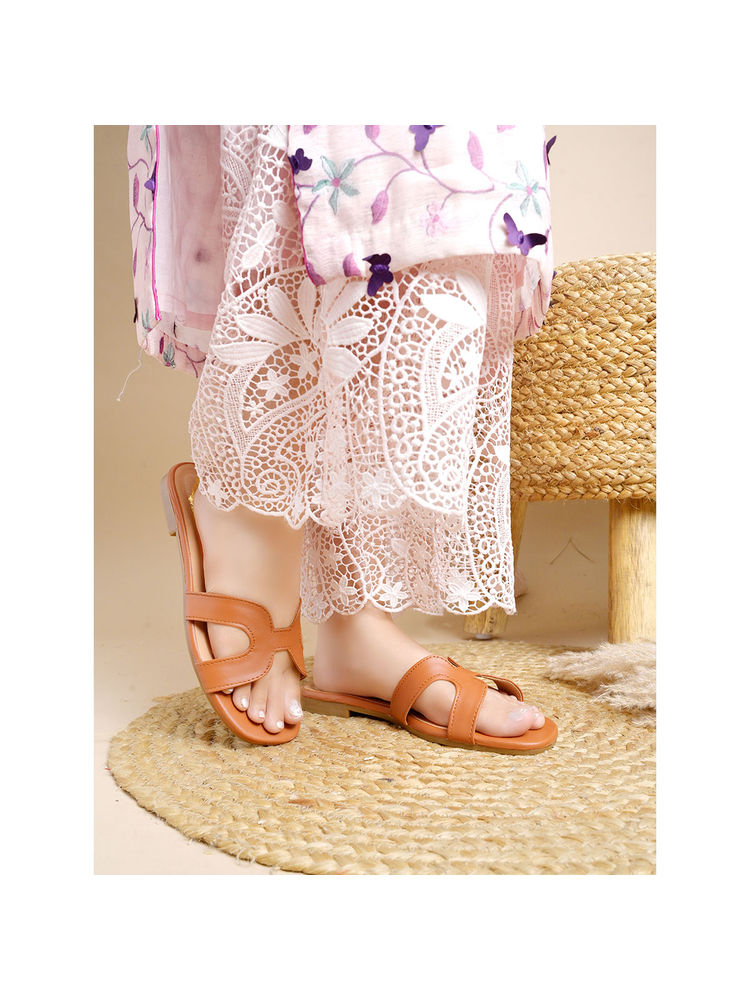 Shoetopia Stylish Square Toe and Trendy H-Shaped Tan Flats-image-49