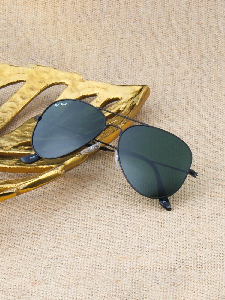 Ted Smith Unisex Aviator Sunglasses Matt Black Metal Frame Green Glass Lenses Classic Style-image-2
