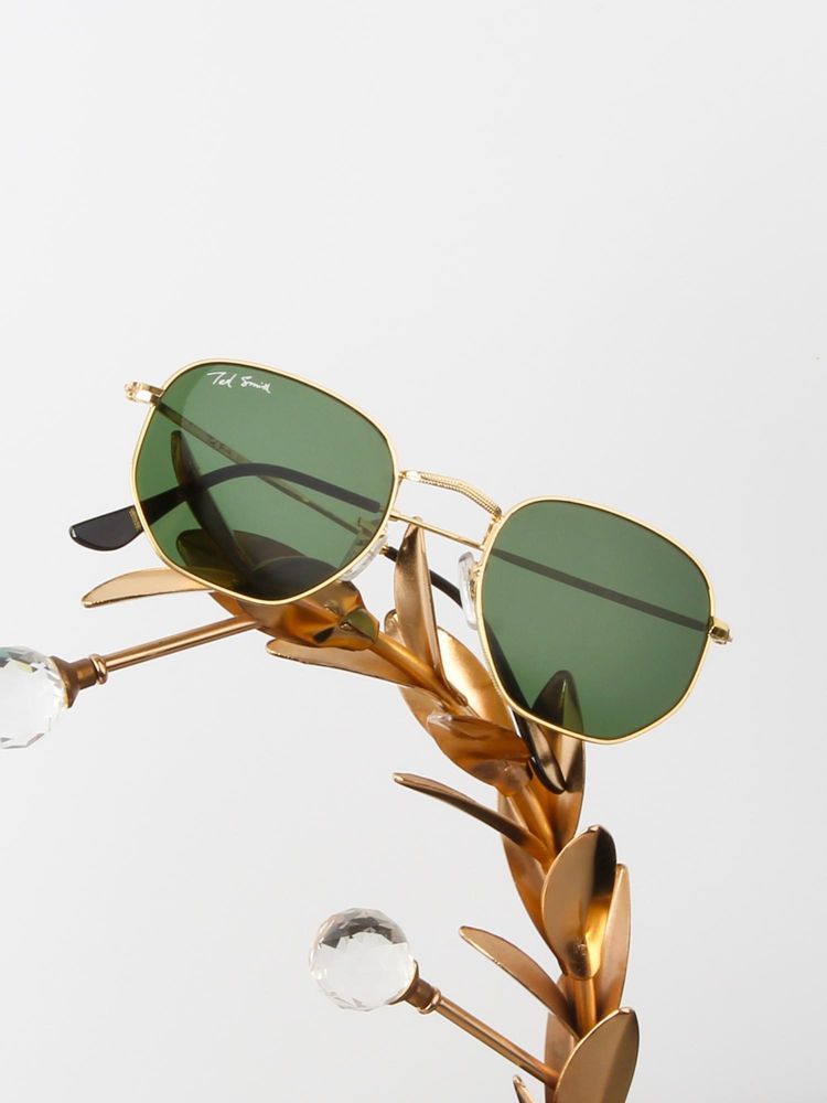 Ted Smith Unisex Hexagonal Sunglasses Gold Frame Dark Green Glass Lenses-image-13