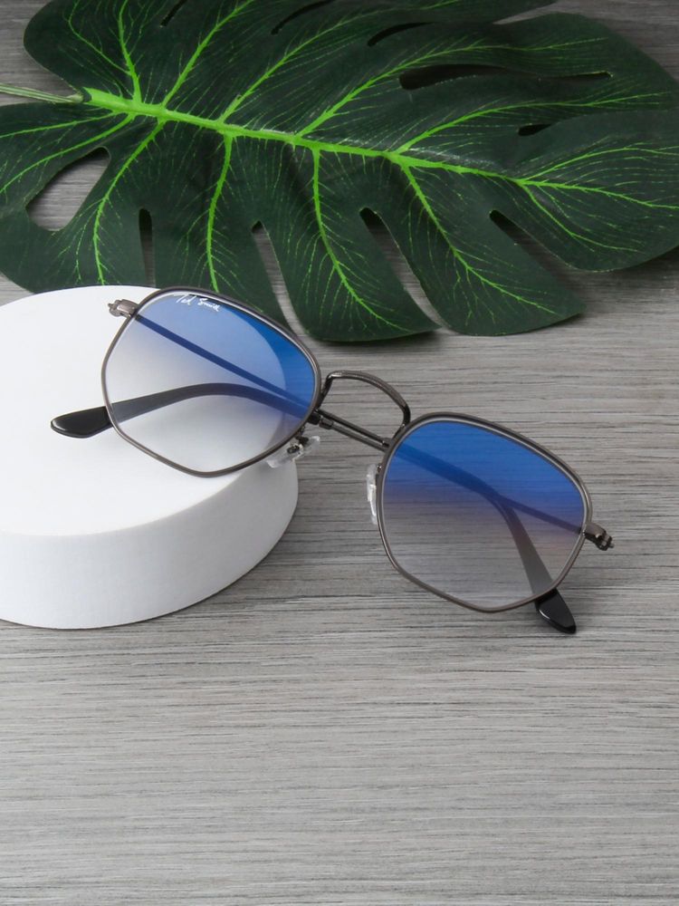 Ted Smith Unisex Hexagonal Sunglasses Gunmetal Frame Blue Graded Glass Lenses-picture-4