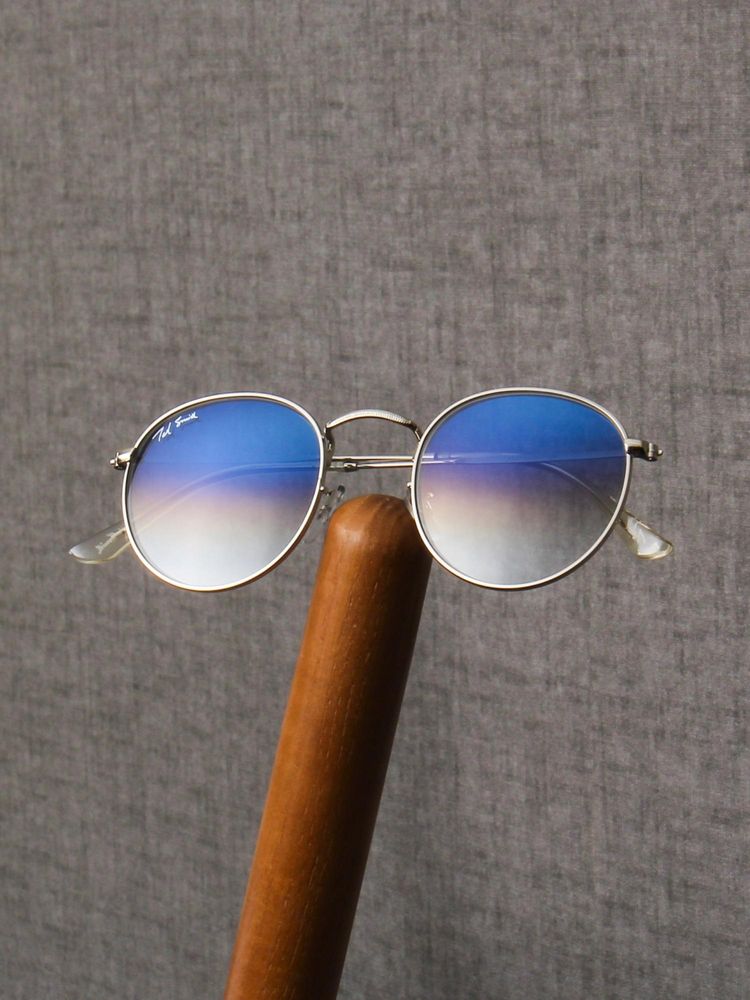 Ted Smith Unisex Round Sunglasses Silver Metal Frame Blue Graded Glass Lenses 100% Uv Protection-image-44