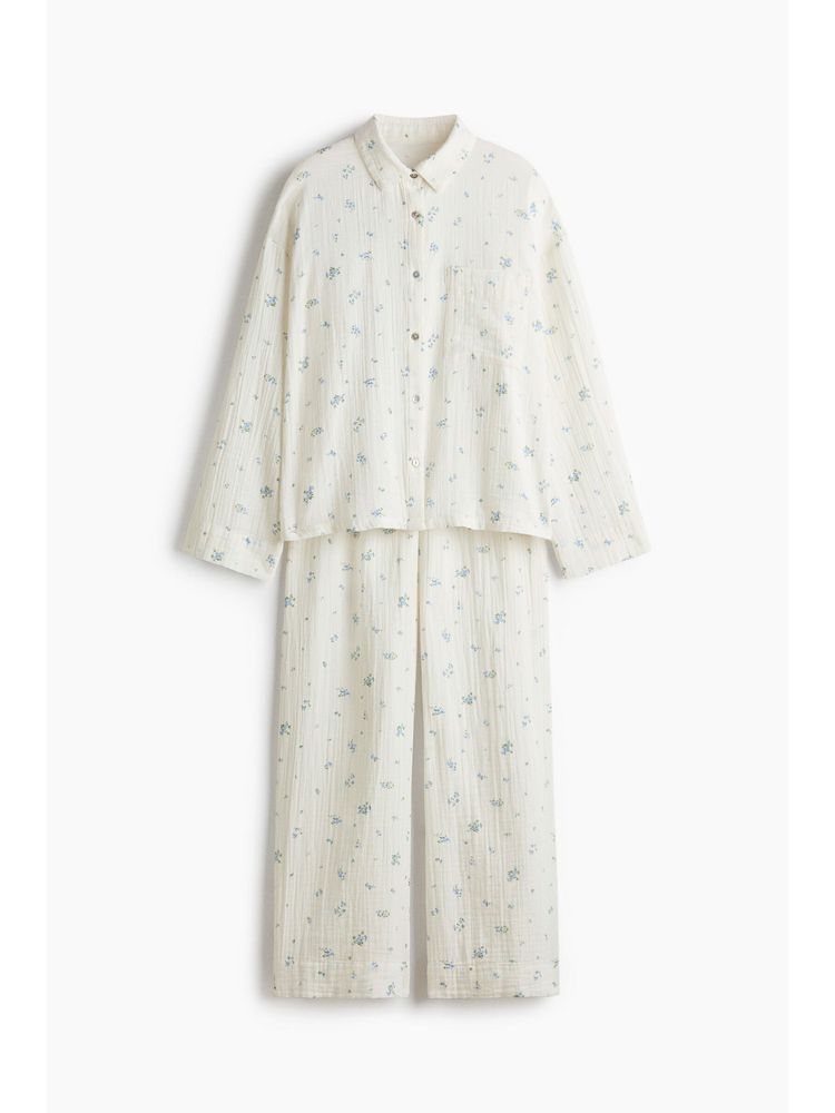 H&M Women White Cotton Muslin Pyjamas With Shirt-picture-25