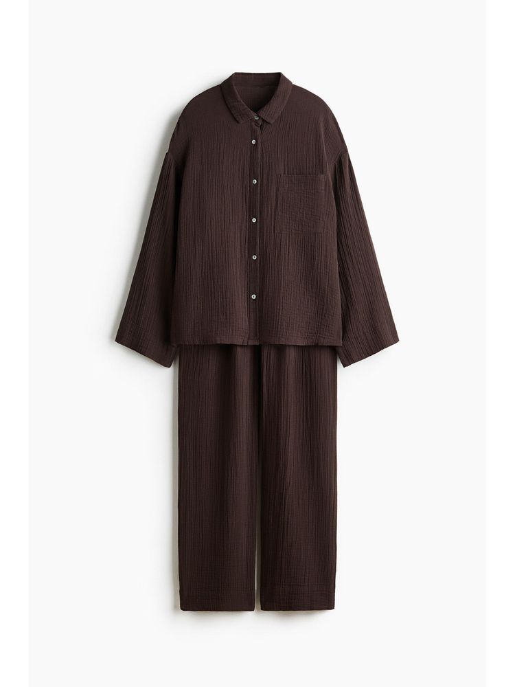H&M Women Brown Cotton Muslin Pyjamas With Shirt-picture-26