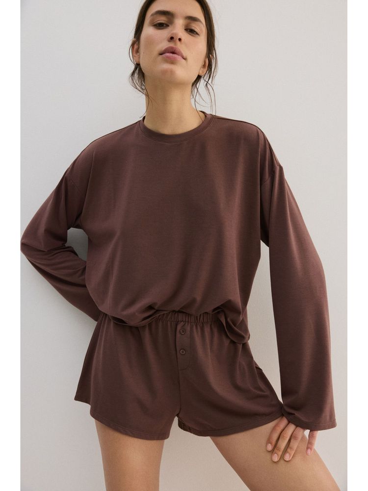 H&M Women Brown Viscose-Blend T-Shirt With Shorts-picture-15