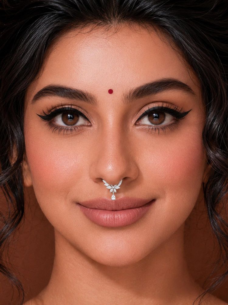 ADIVA Silver-Plated Cut Ad Stone Floral Drop Charm Septum Nose Ring-picture-43