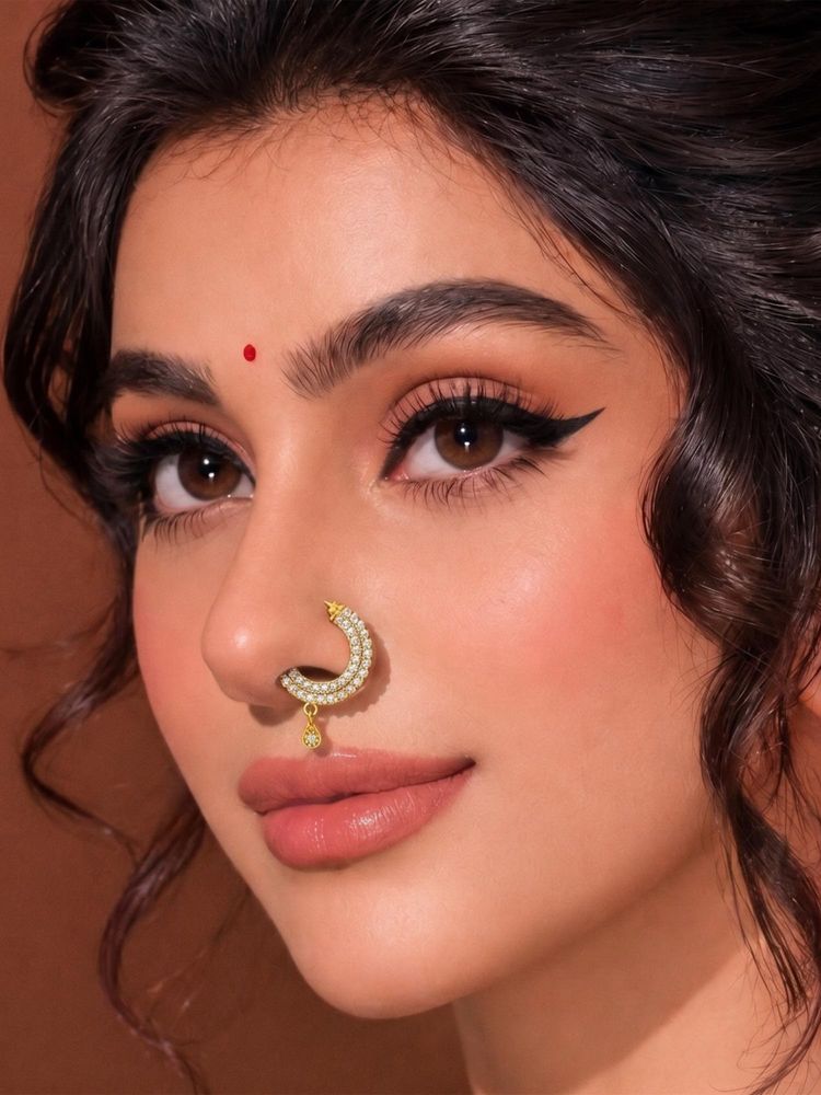 ADIVA Gold-Plated Round Cut Ad Stone Drop Charm Septum Nose Ring-image-46