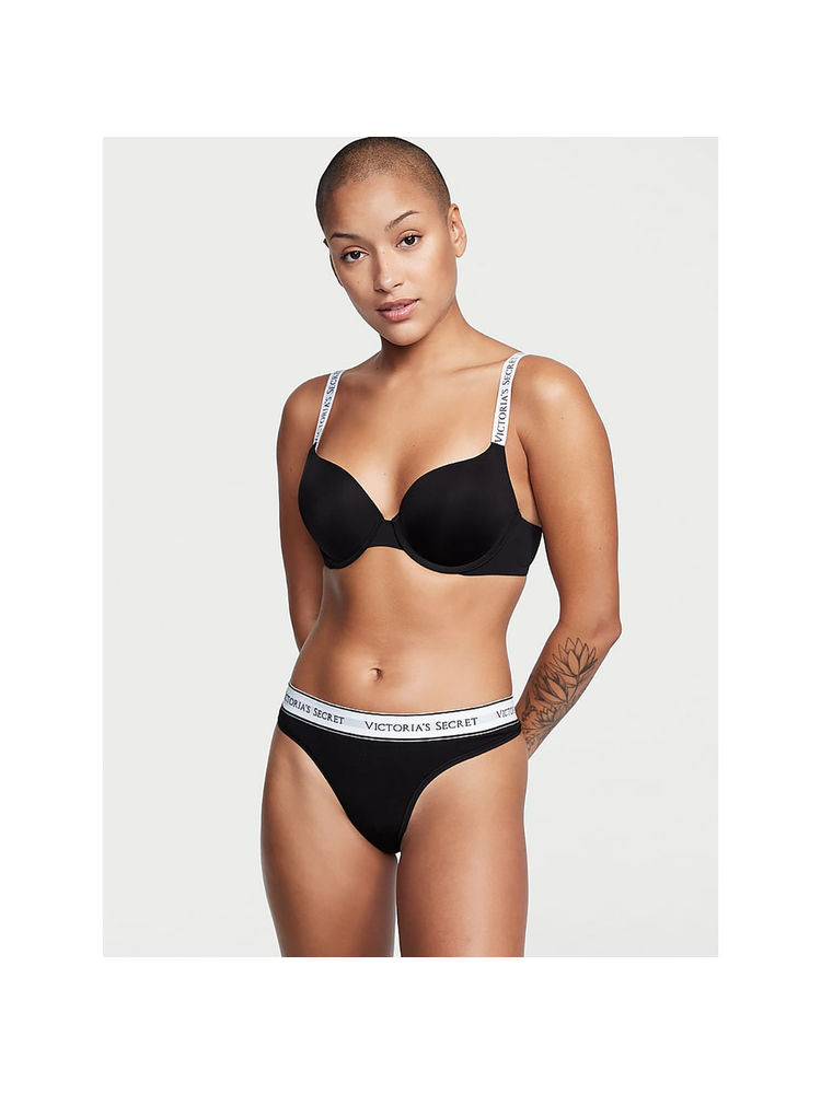 Victoria's Secret Cotton Logo Cotton Thong Panty Black