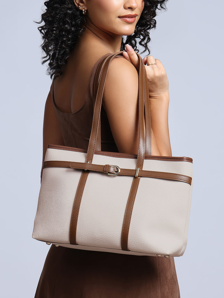 Twenty Dresses by Nykaa Fashion Off-White Belt Detail Tote Bag for Women-image-3