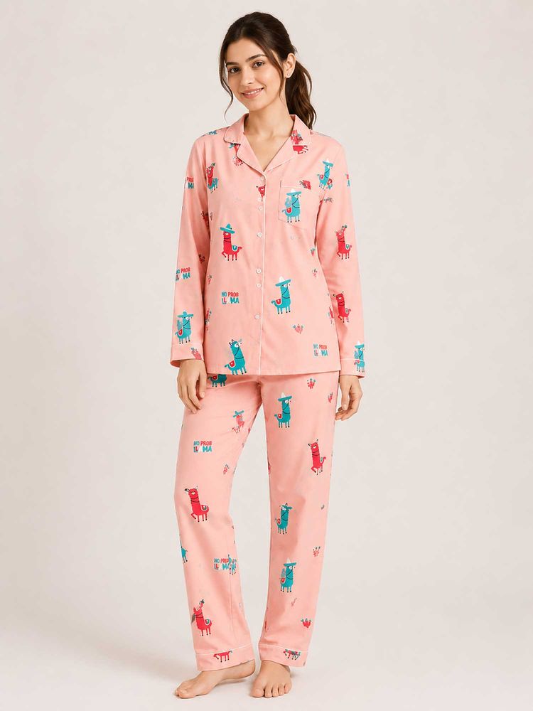 Shopbloom Cute Llama Print Pink Long Sleeve Womens Nightsuit-image-27
