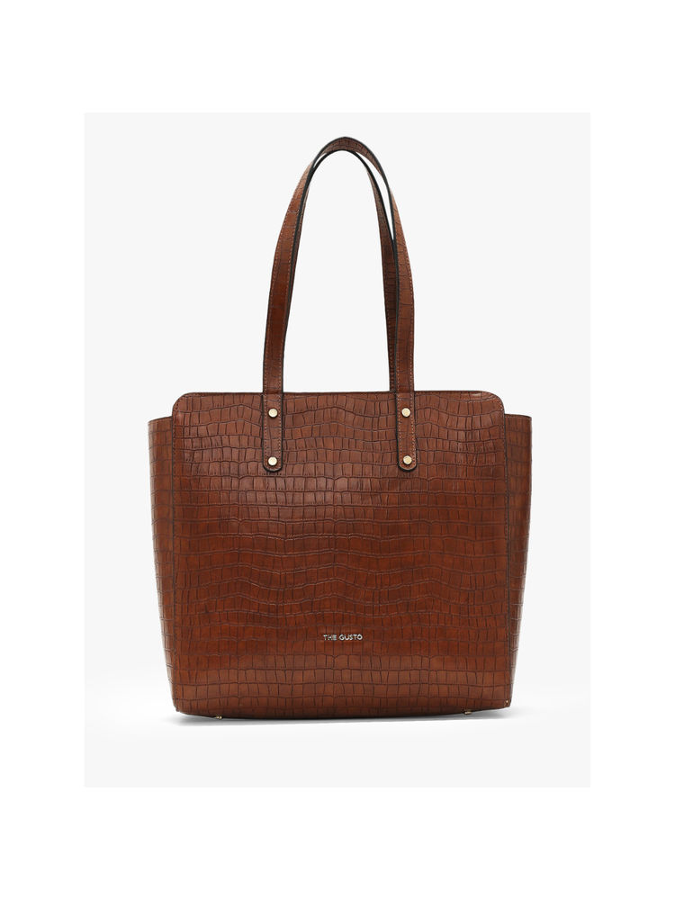 THE GUSTO Beyond Plus Tote Bag Croco with Zipper -Brown (M)