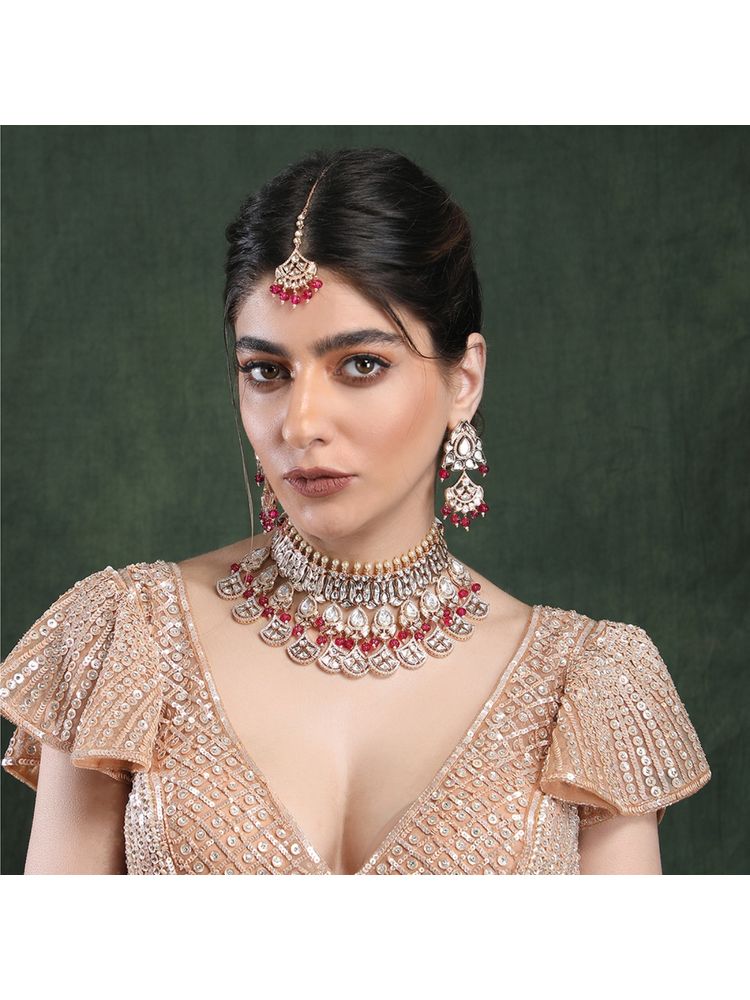 Auraa Trends 22Kt Gold Plated Kundan Red Beads Jewellery Set