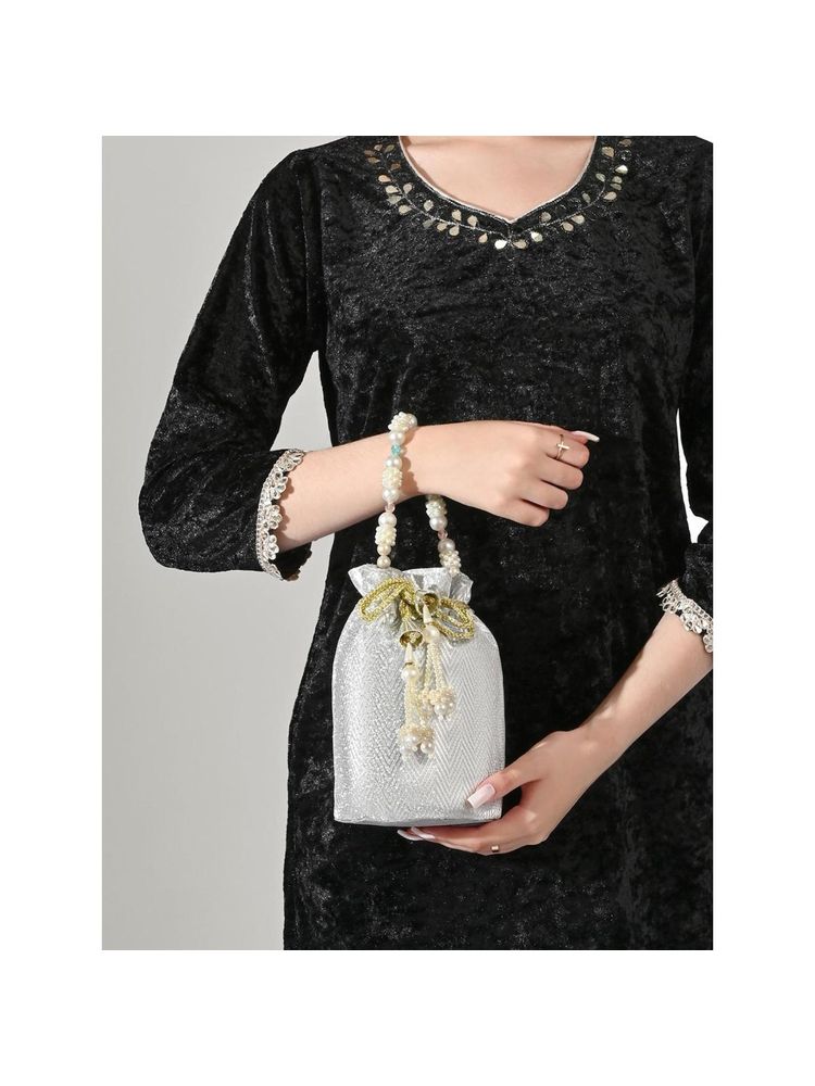 Lavie Signature Womens Silver Bisbee Pearl Handle Potli Bag (M)-image-29