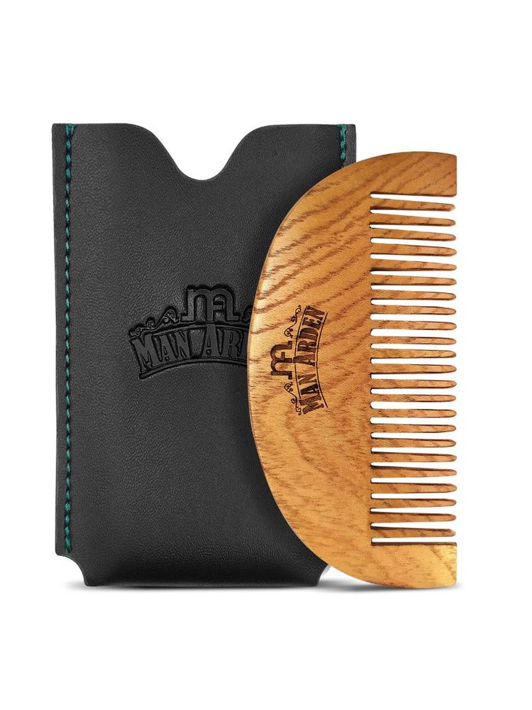 Man Arden Pure Neem Wooden Pocket Size Beard Comb With Premium Faux Leather Pouch