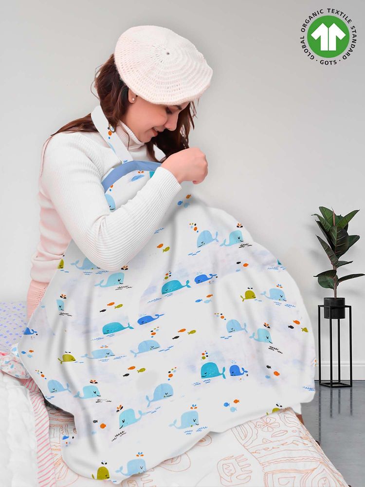 Moms Home White Blue Whale Organic Cotton Muslin Nursing Cover for Breastfeeding