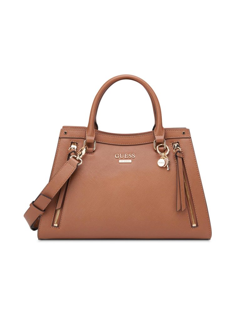 Guess Brown Solid Wrenley Satchel Bag with Detachable Strap-image-4