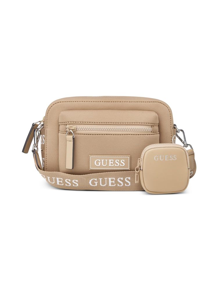 Guess Brown Solid Garnon Crossbody Bag with Pouch and Detachable Strap-image-2