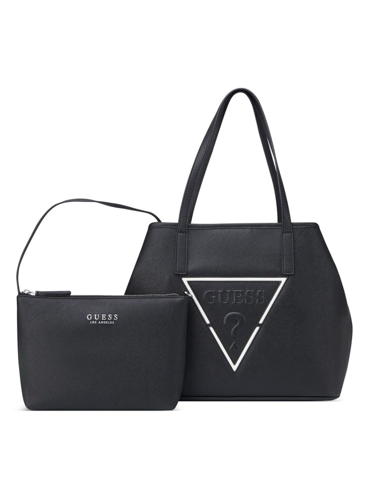 guess fashion Guess Black Solid Portini Trap Tote Bag with Pouch-picture-18