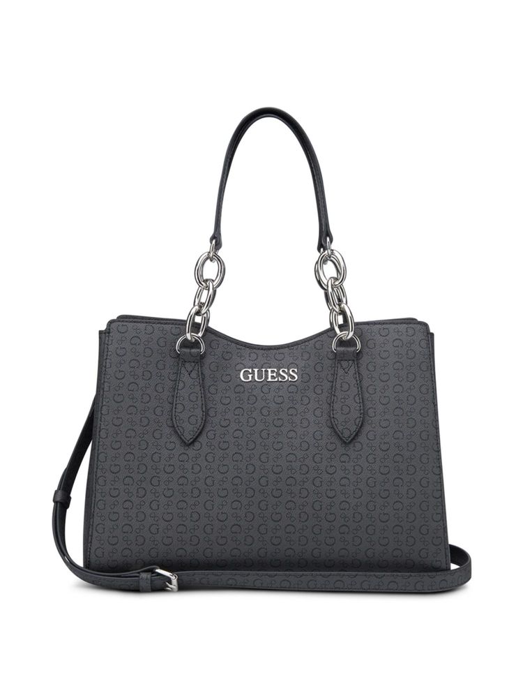 guess fashion Guess Charcoal Grey Printed Millport Satchel Bag with Detachable Strap-picture-24