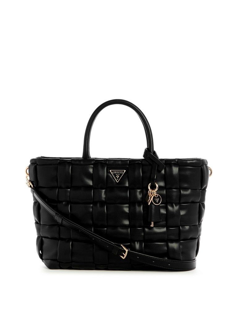 Guess Black Textured Marion Satchel Bag with Detachable Strap-image-40